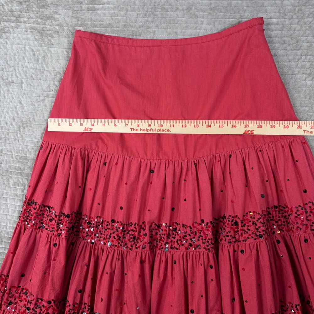 Anage Red Sequin Tiered Maxi Skirt Boho Cotton Ruffle Lined Size 10 - Picture 4 of 10